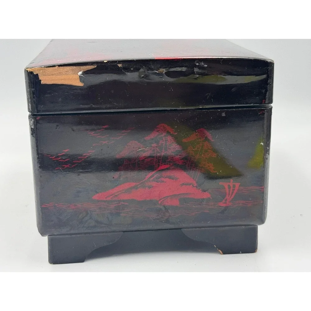 Vintage Japanese Black Red Lacquer Jewelry‎ & Music Box Mount Fuji Pagoda Footed